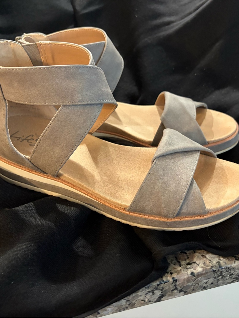 Life Stride Light Gray Crisscross Strap Sandals